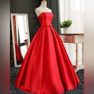 Red Strapless A-Line Unique Long Formal Party Dress Evening Gown, DP3386